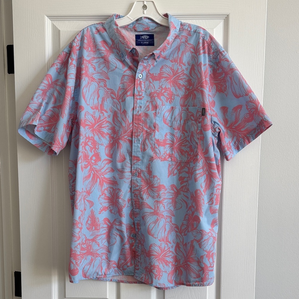 AFTCO Light Blue and Coral Floral Shirt